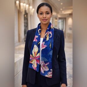 Royal Blue with Pink Flowers long scarf 62X15.5 inches